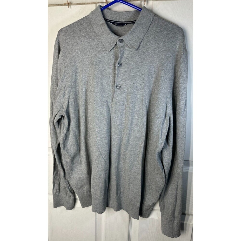 Izod Long Sleeve Polo Men's L Gray Cotton Blend Casual Dress Home Office Golf